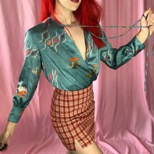 ZARA Long Sleeve Floral Draped Satin Bodysuit